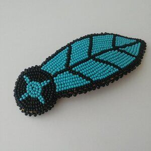 Vintage large beaded leather hair clip turquoise blue and black beads